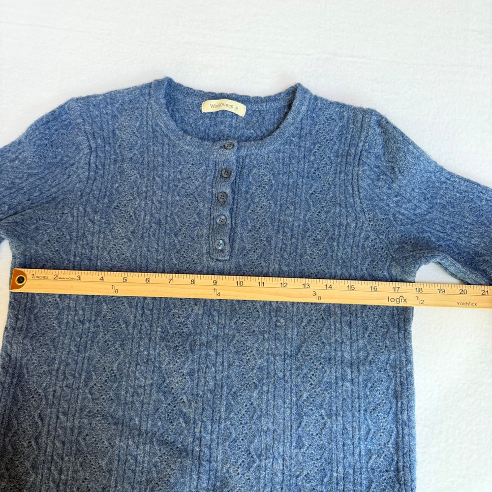 Woolovers 100% Lambswool Blue Henley Sweater Women Medium Cable Knit Pointelle - Picture 9 of 10